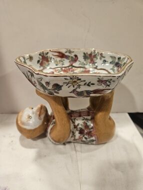 Vintage Chinoiserie Porcelian Monkey Holding Lotus Bowl Carchall 8" Long 7" Tall
